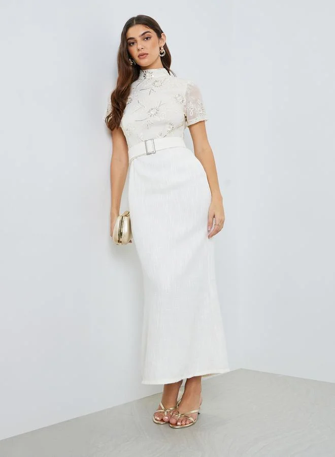 Styli  Women Off White Lace Short Sleeves Sheath Maxi Dress for Women | Best Price UAE